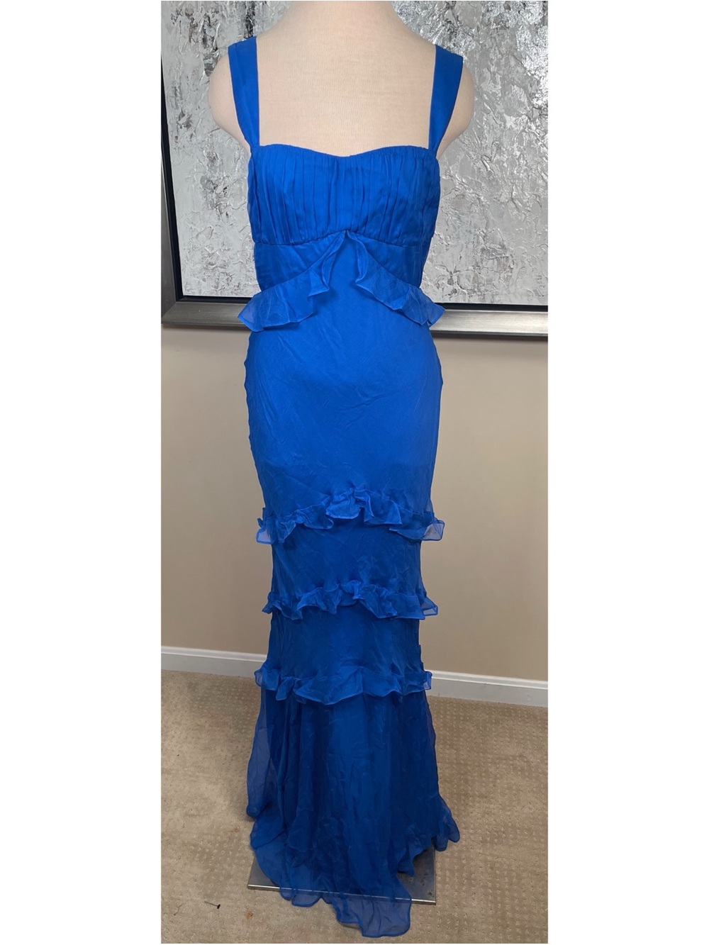 SALONI Chandra Ruffled Plisse Silk Georgette Tiered Blue Maxi Dress Size 8 - Picture 3 of 9